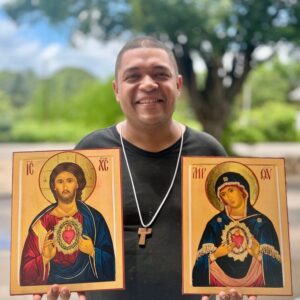 2 Ícones - Ícone Sagrado Coração de Jesus + Ícone Imaculado Coração de Maria 50cm